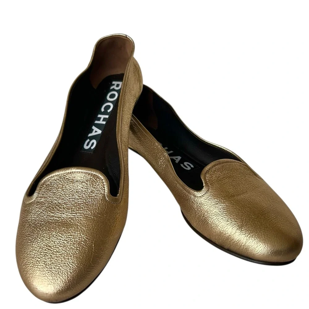 Rochas Ballet Flats Gold Metallic Leather Slip-On Made in Italy EU 41 Designer